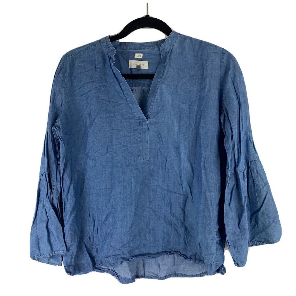Loft Womens The Softened Shirt Size XS Blue Chambray Top Cotton Lyocell Blend